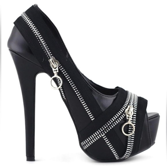 Show Story Punk Zip Peeptoe Platform 5.5" Heels Pumps Stilletto Black Sexy New - Picture 1 of 15
